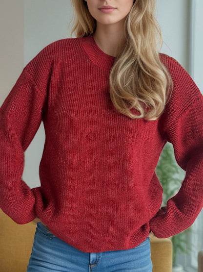 Solid Color Round Neck Long Sleeve Sweater-Angel Casuals