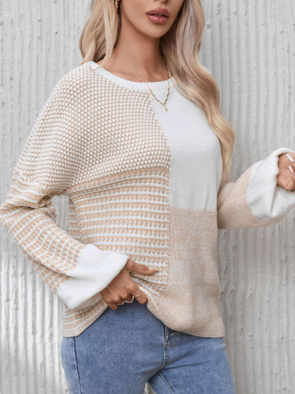 Contrast Round Neck Long Sleeve Sweater-Angel Casuals