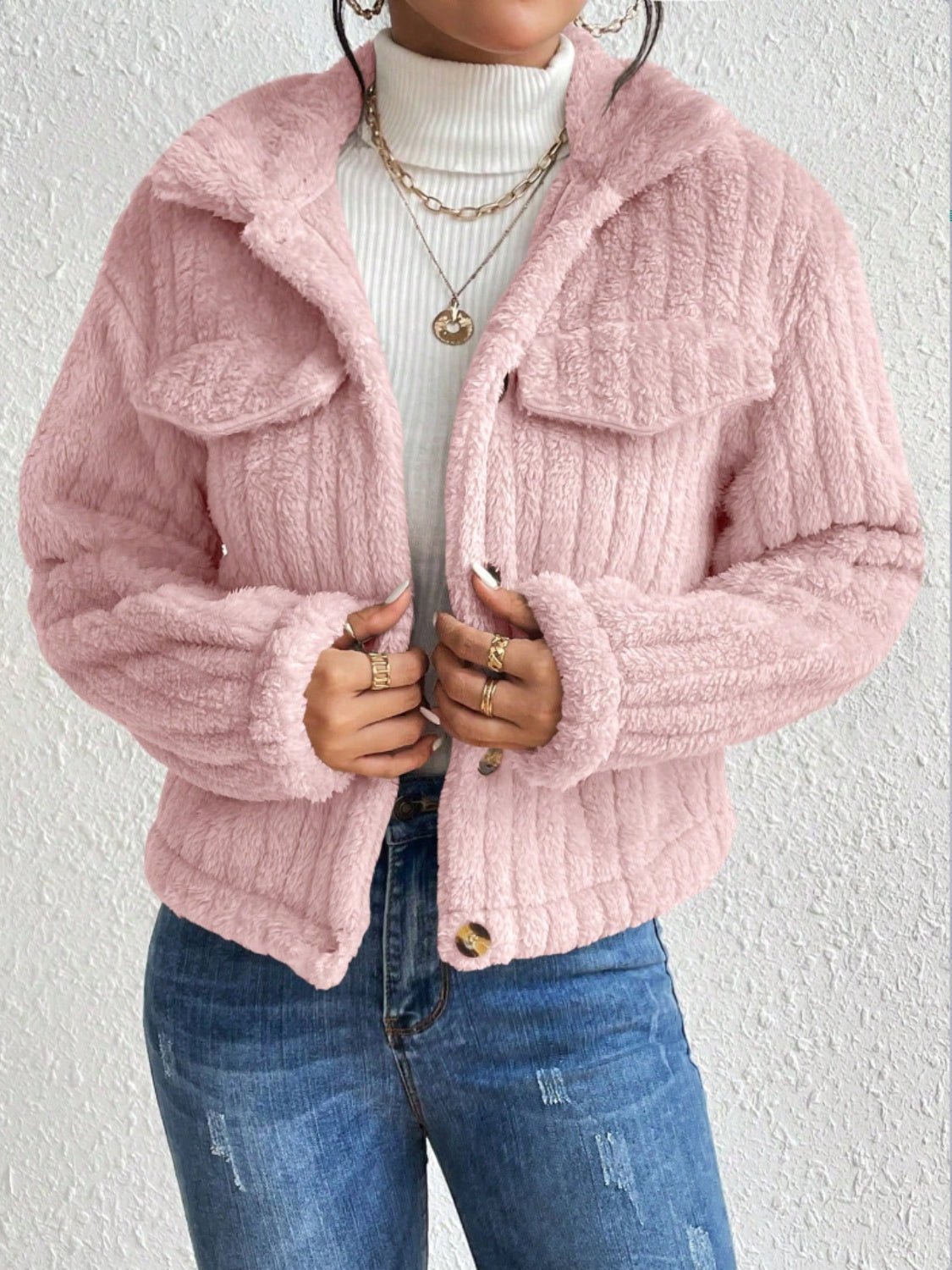Fuzzy Button Up Collared Neck Jacket-Angel Casuals