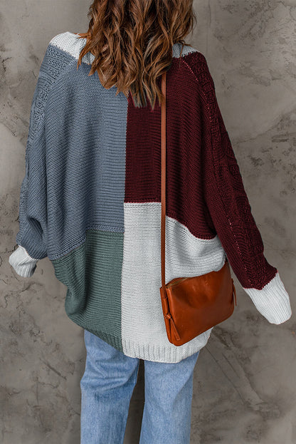 Woven Right Color Block Cable-Knit Batwing Sleeve Cardigan-Angel Casuals