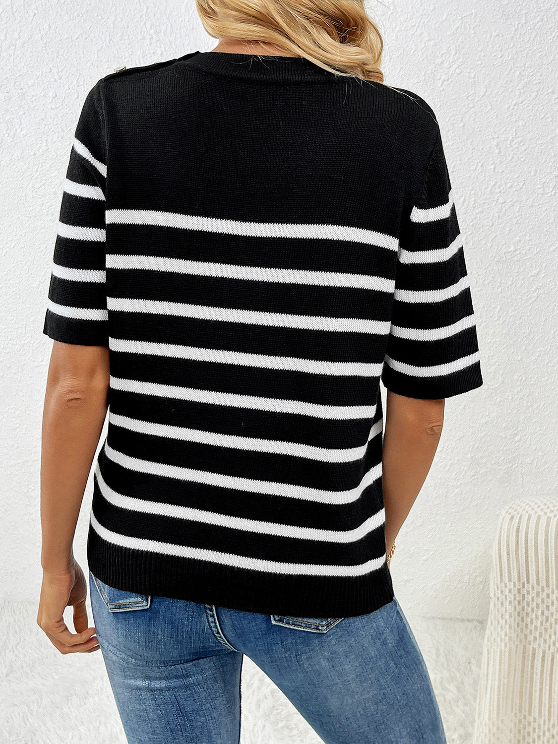 Striped Round Neck Half Sleeve Knit Top-Angel Casuals