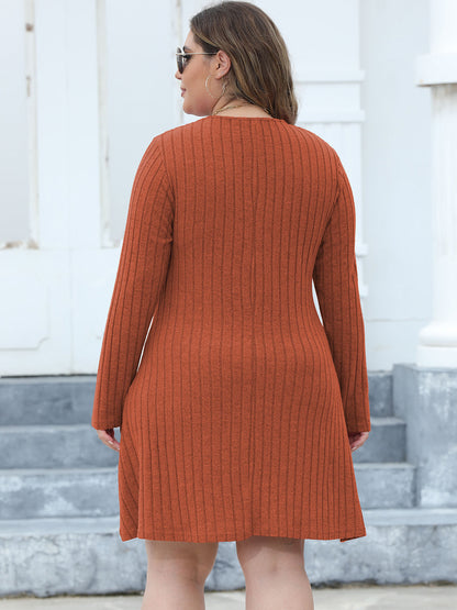 Plus Size Ribbed Buttoned V-Neck Long Sleeve Dress-Angel Casuals