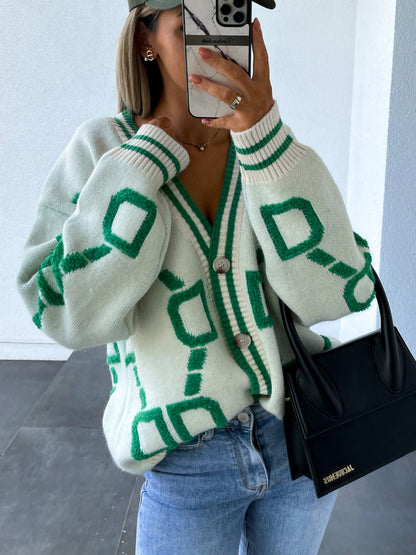 Geometric Dropped Shoulder Button Down Cardigan-Angel Casuals