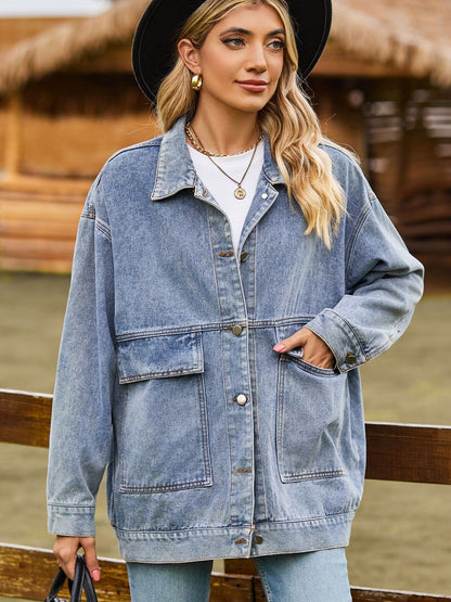 Dropped Shoulder Denim Jacket with Pockets-Angel Casuals