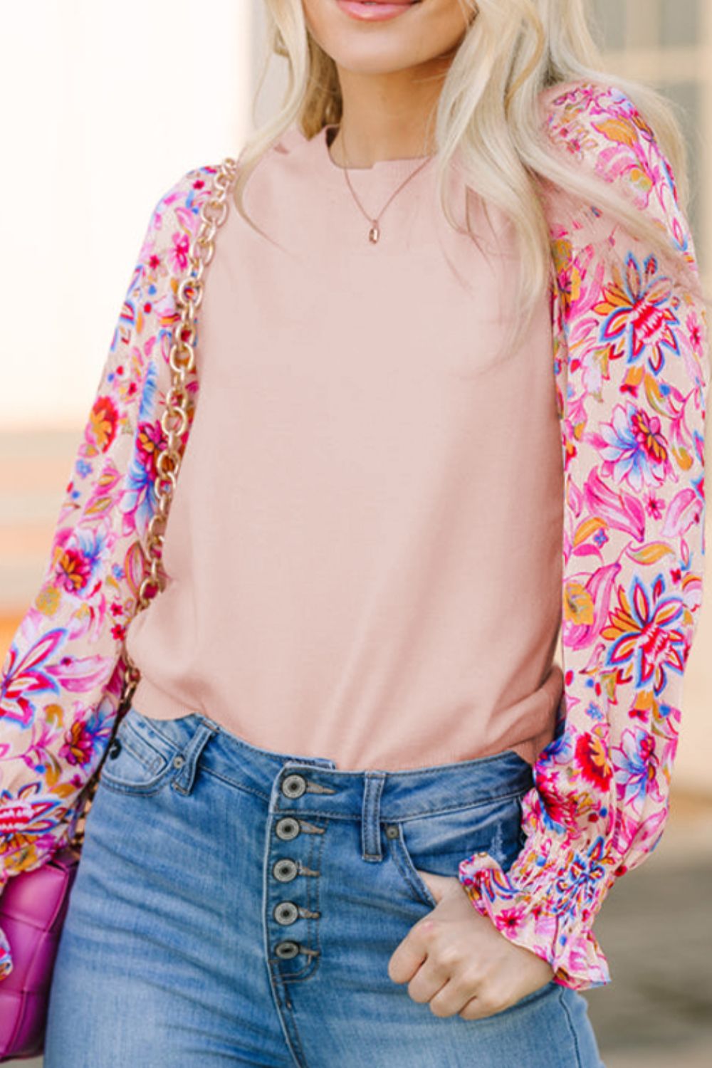 Printed Round Neck Flounce Sleeve Sweater-Angel Casuals