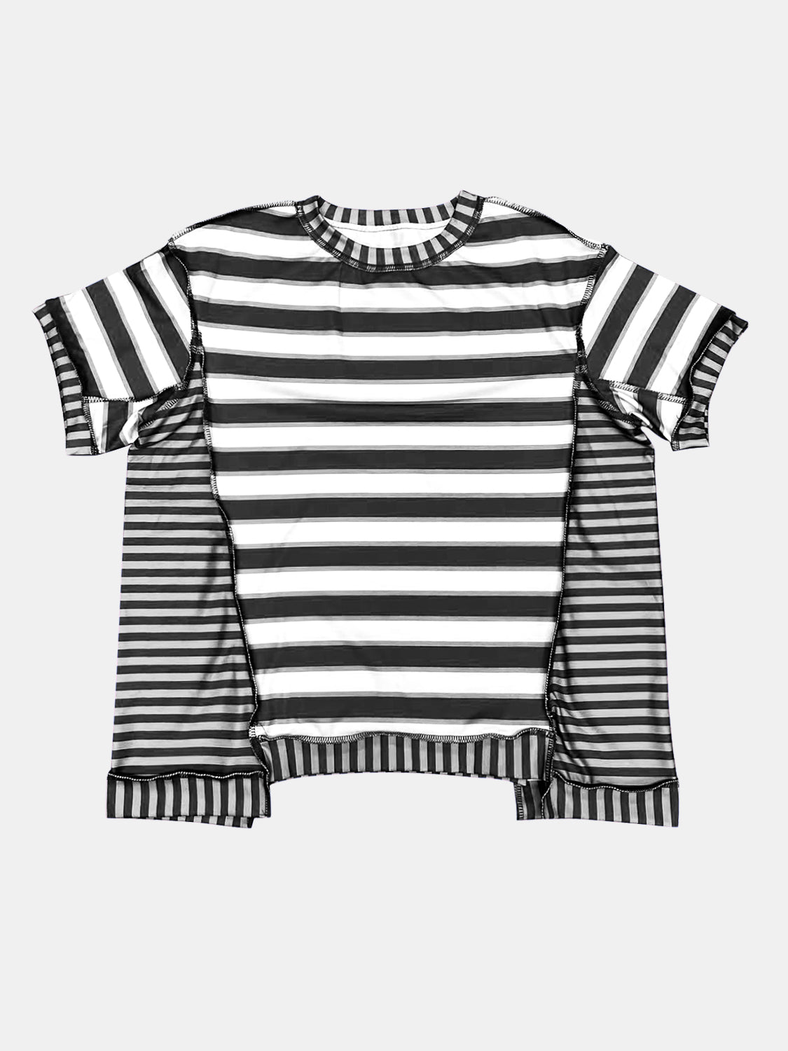 Full Size Contrast Stitching Striped Round Neck T-Shirt-Angel Casuals