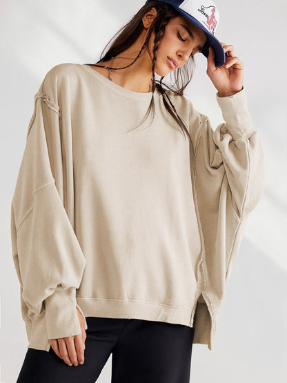 Slit Round Neck Dropped Shoulder T-Shirt-Angel Casuals