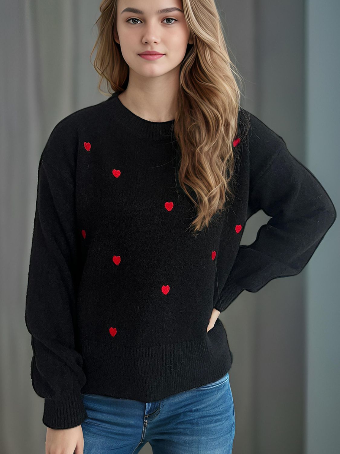 Heart Round Neck Long Sleeve Sweater-Angel Casuals