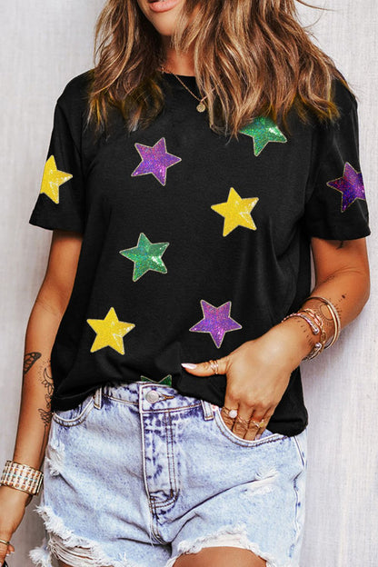 Sequin Stars Patched Round Neck T-Shirt-Angel Casuals