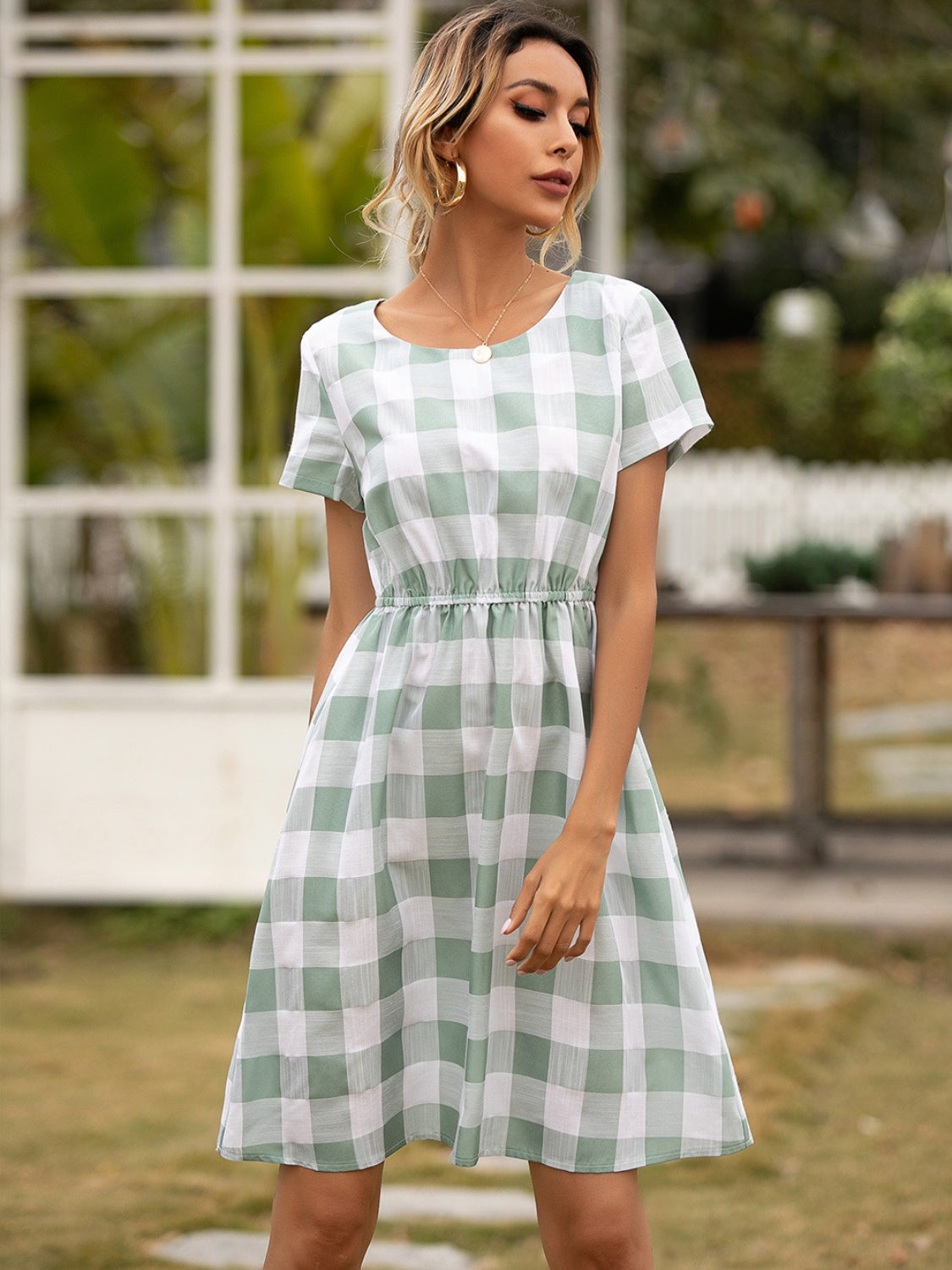 Smocked Plaid Round Neck Short Sleeve Dress-Angel Casuals