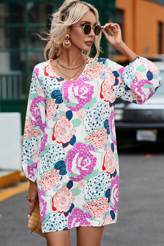 Floral V-Neck Long Sleeve Dress-Angel Casuals