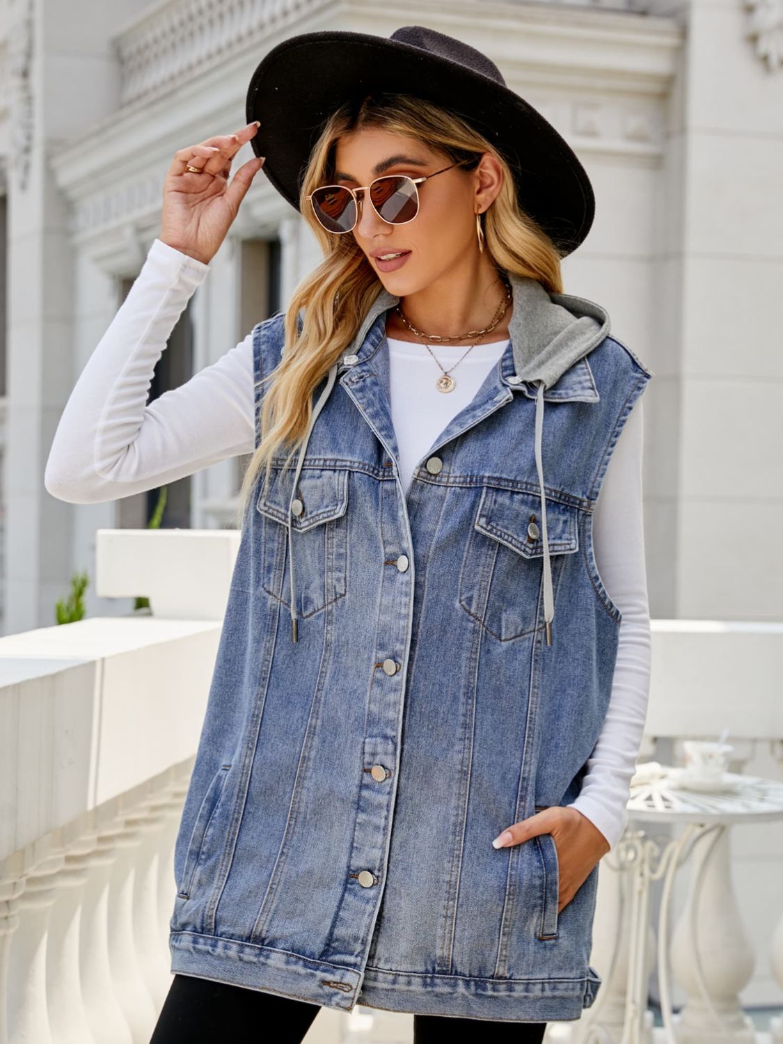 Drawstring Hooded Sleeveless Denim Top with Pockets-Angel Casuals