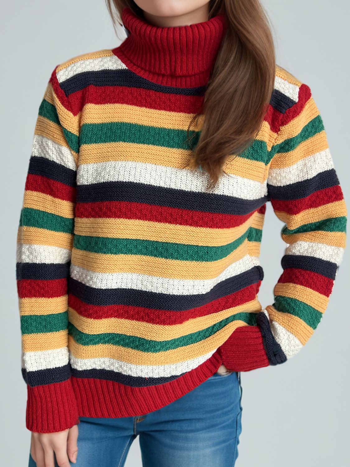 Contrast Stripes Turtleneck Long Sleeve Sweater-Angel Casuals