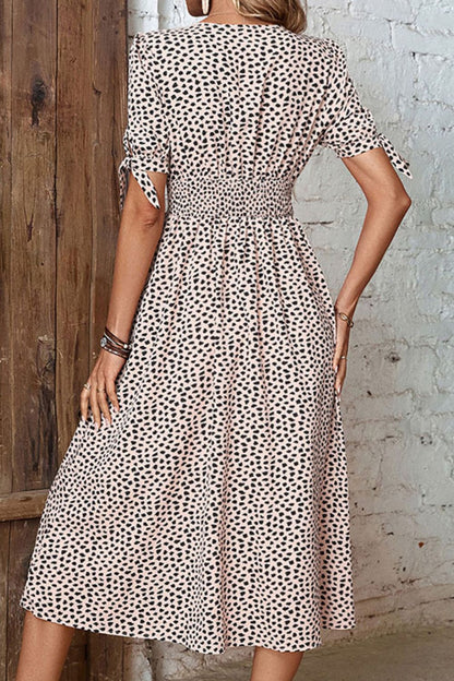 Animal Print Button Front V-Neck Tied Dress-Angel Casuals