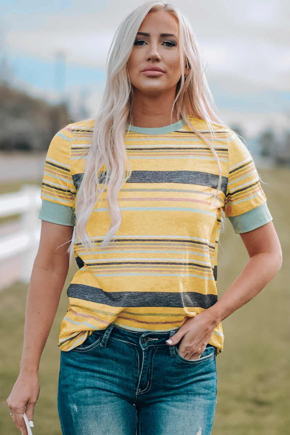 Multicolored Striped Round Neck Tee Shirt-Angel Casuals