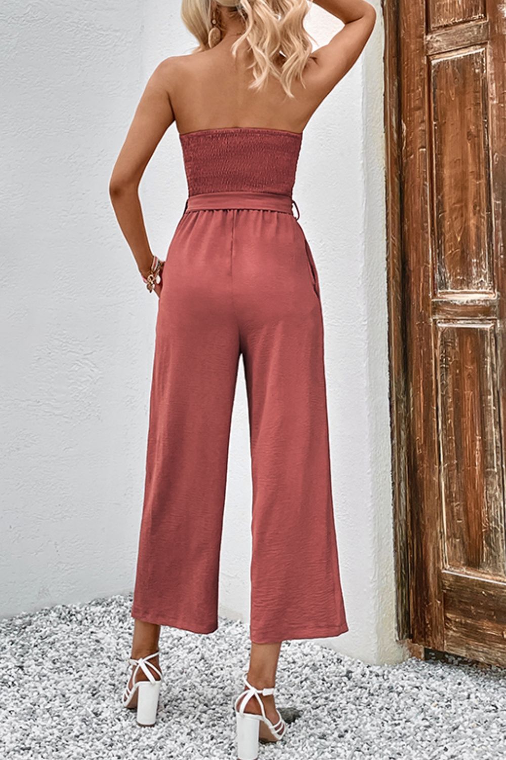 Decorative Button Strapless Smocked Jumpsuit with Pockets-Angel Casuals