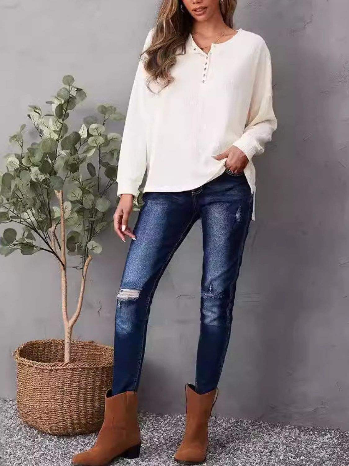 High-Low Quarter Snap Round Neck T-Shirt-Angel Casuals