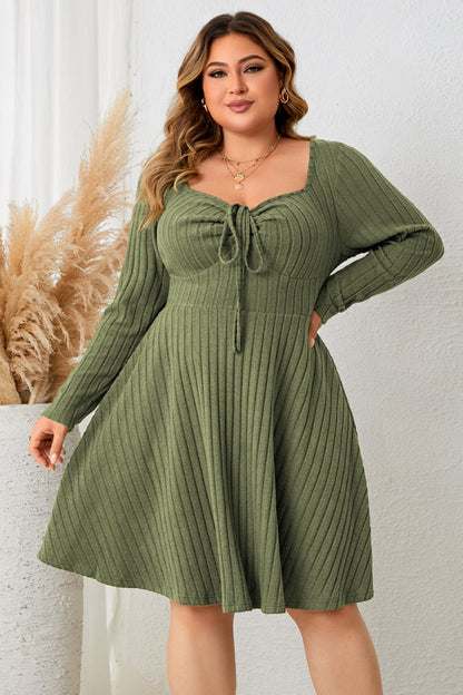 Plus Size Sweetheart Neck Long Sleeve Ribbed Dress-Angel Casuals