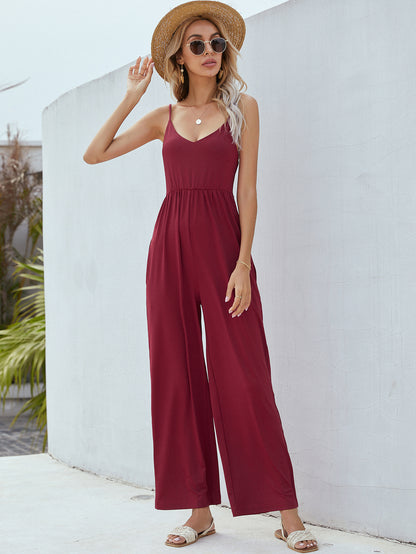 Adjustable Spaghetti Strap Jumpsuit with Pockets-Angel Casuals