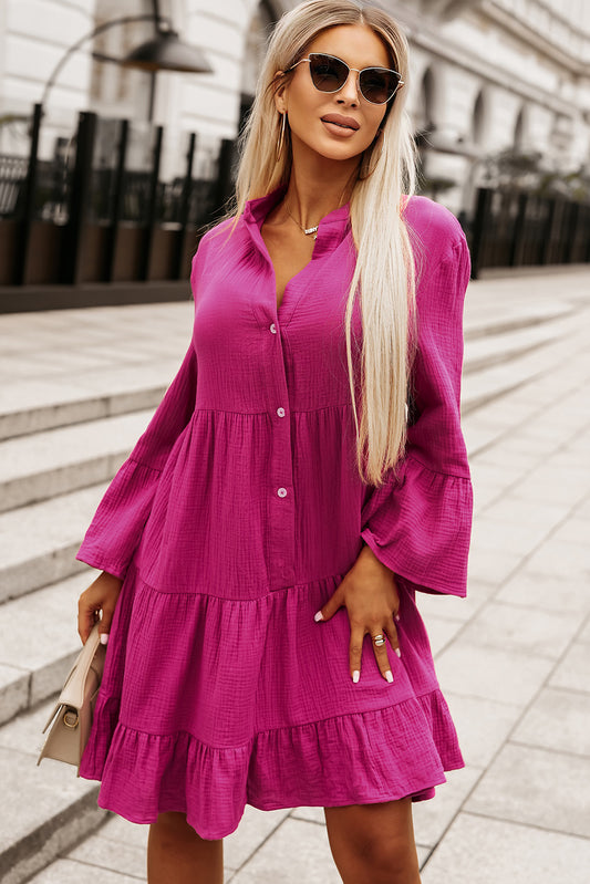 Buttoned Flare Sleeve Tiered Dress-Angel Casuals