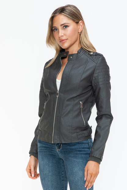 Snobbish PU Leather Biker Jacket with Side Zip Pockets-Angel Casuals