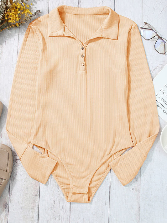 Half Button Collared Neck Long Sleeve Bodysuit-Angel Casuals