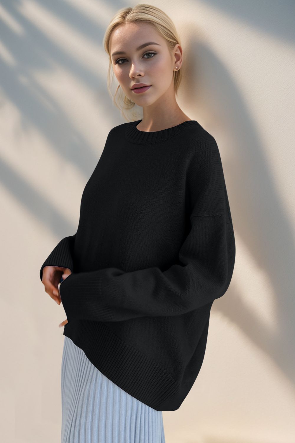 Basic Bae Round Neck Dropped Shoulder Sweater-Angel Casuals