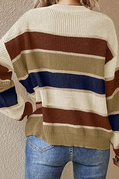 Contrast Striped Round Neck Long Sleeve Sweater-Angel Casuals