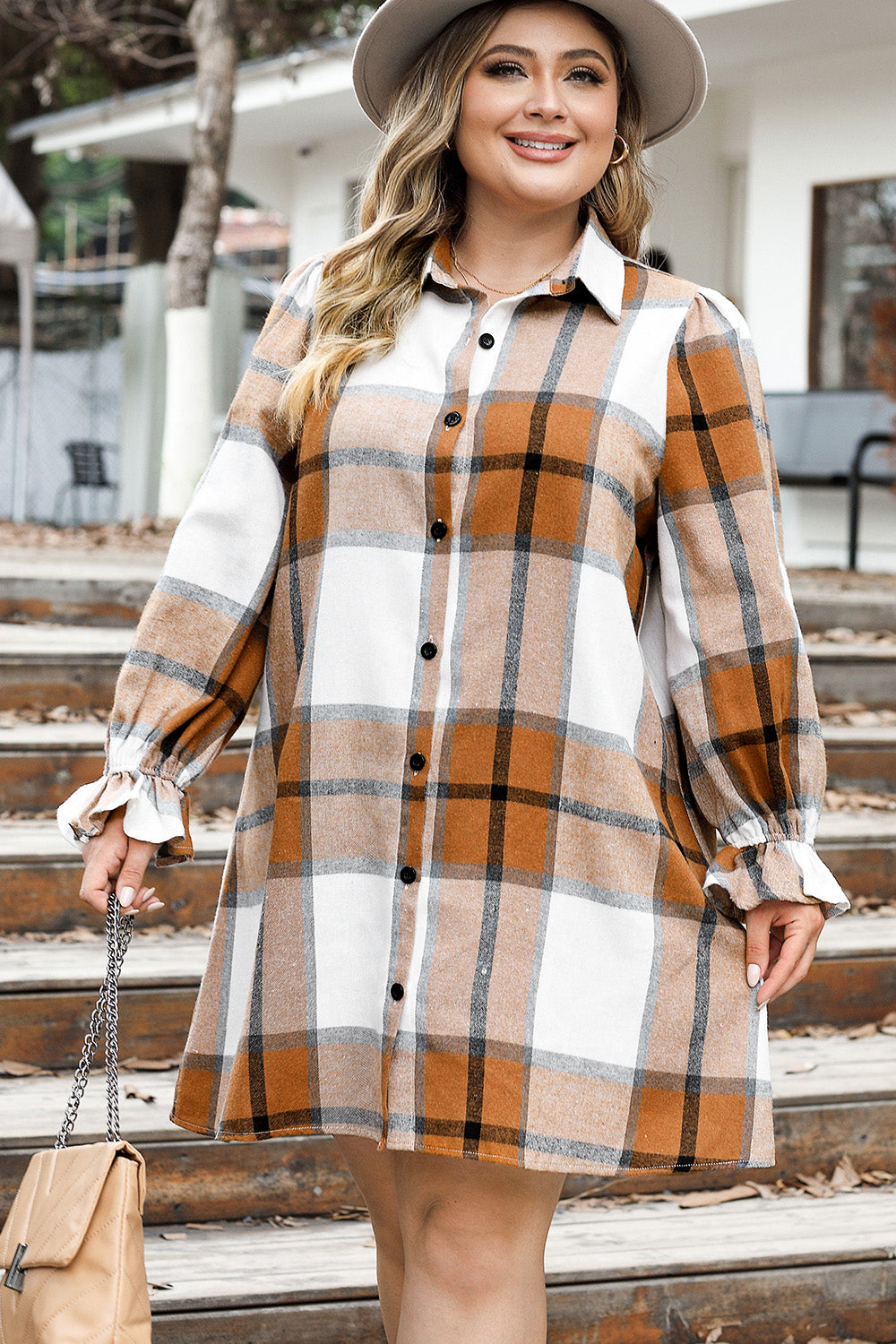 Plus Size Plaid Button Up Shirt Dress-Angel Casuals