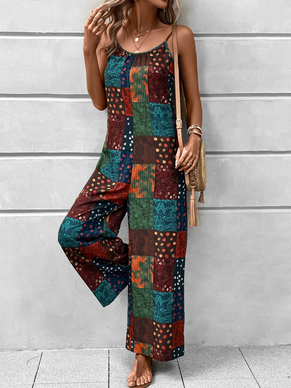 Printed Scoop Neck Spaghetti Strap Jumpsuit-Angel Casuals