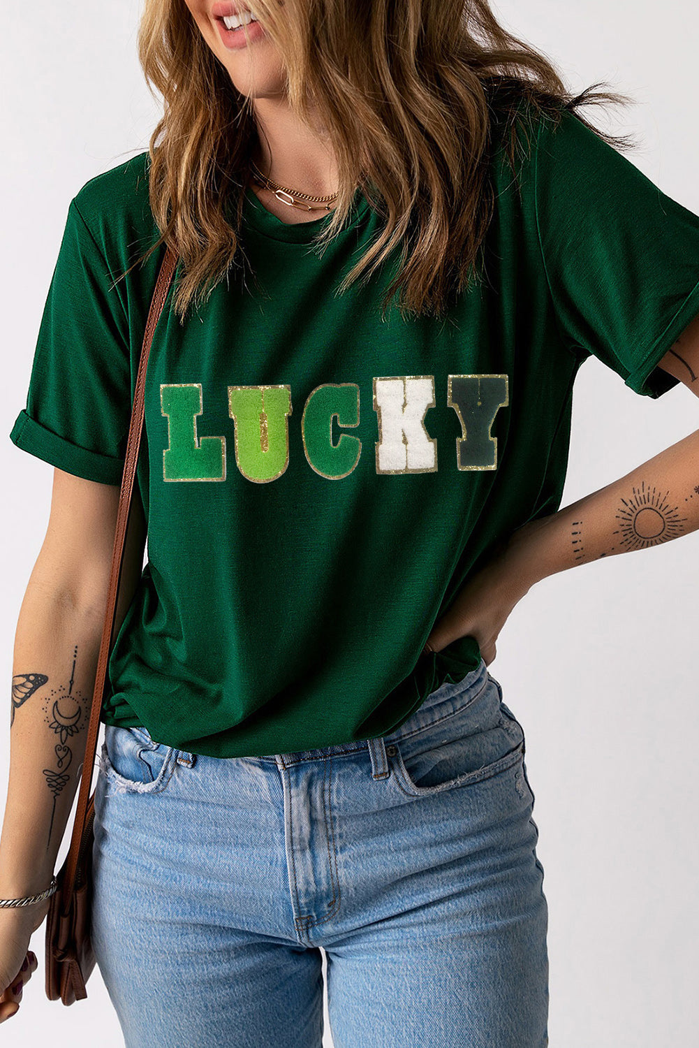 LUCKY Round Neck Short Sleeve T-Shirt-Angel Casuals