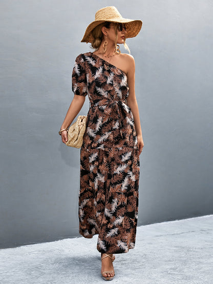 Printed Tie Waist One Shoulder Maxi Dress-Angel Casuals