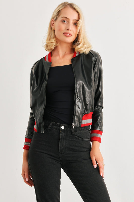 Comme PU Leather Baseball Collar Long Sleeve Jacket-Angel Casuals