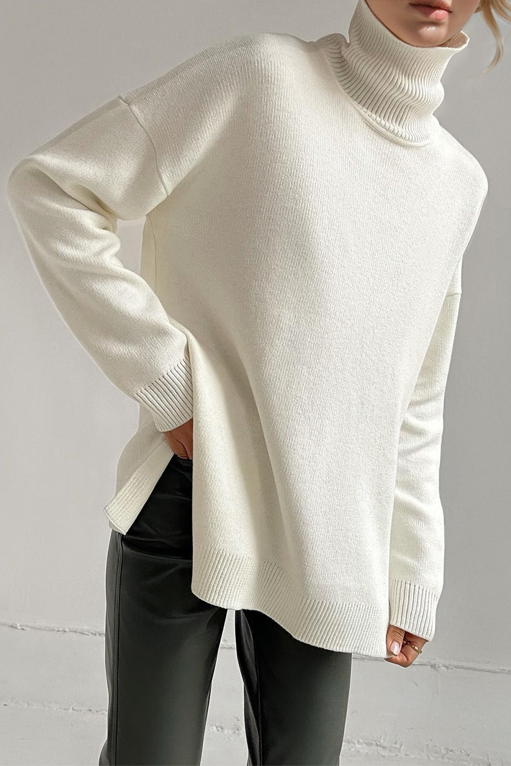 Basic Bae Side Slit Turtleneck Dropped Shoulder Sweater-Angel Casuals