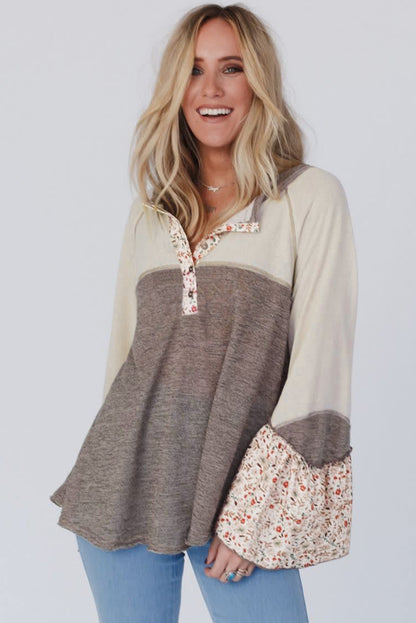 Floral Half Button Long Sleeve T-Shirt-Angel Casuals