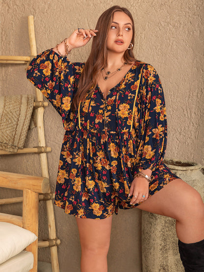 Plus Size Floral Tie Neck Balloon Sleeve Romper-Angel Casuals