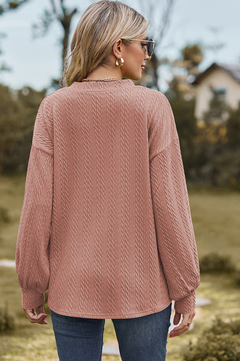 Textured V-Neck Dropped Shoulder T-Shirt-Angel Casuals