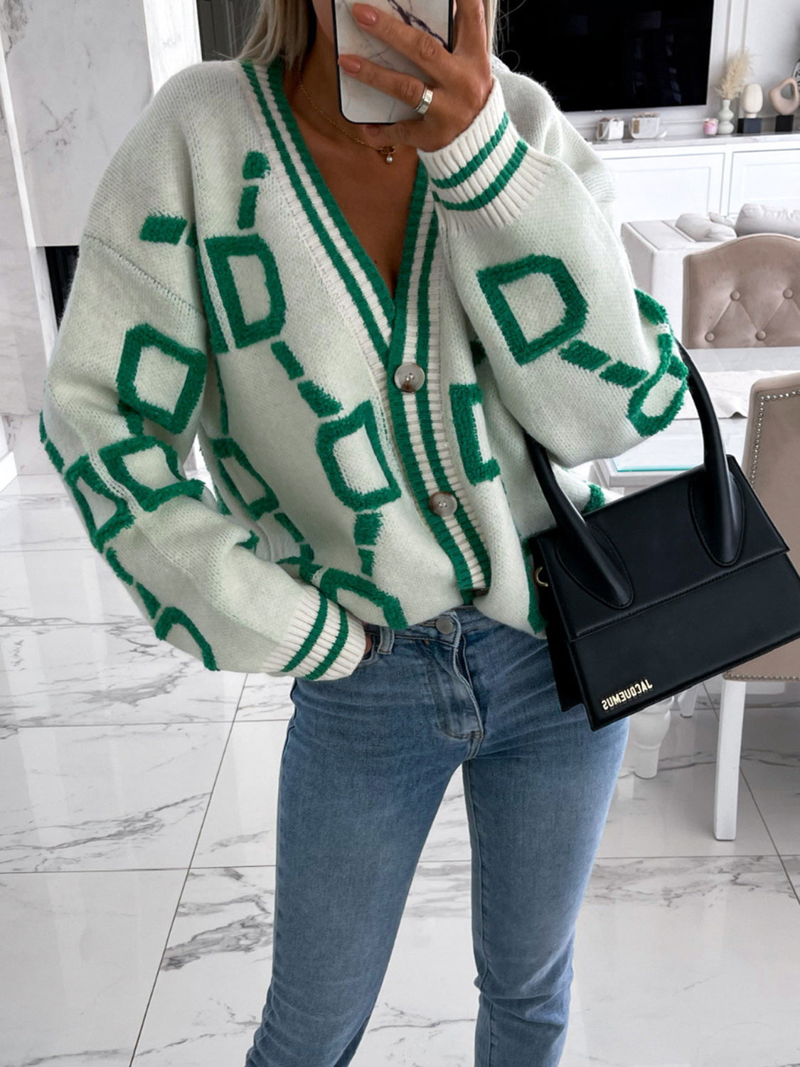 Geometric Dropped Shoulder Button Down Cardigan-Angel Casuals