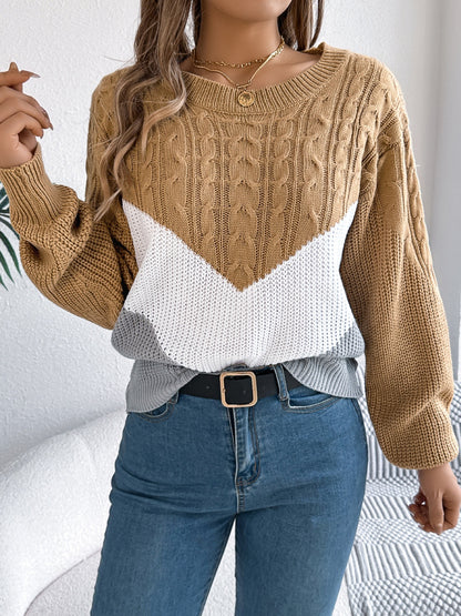 Cable-Knit Color Block Round Neck Sweater-Angel Casuals