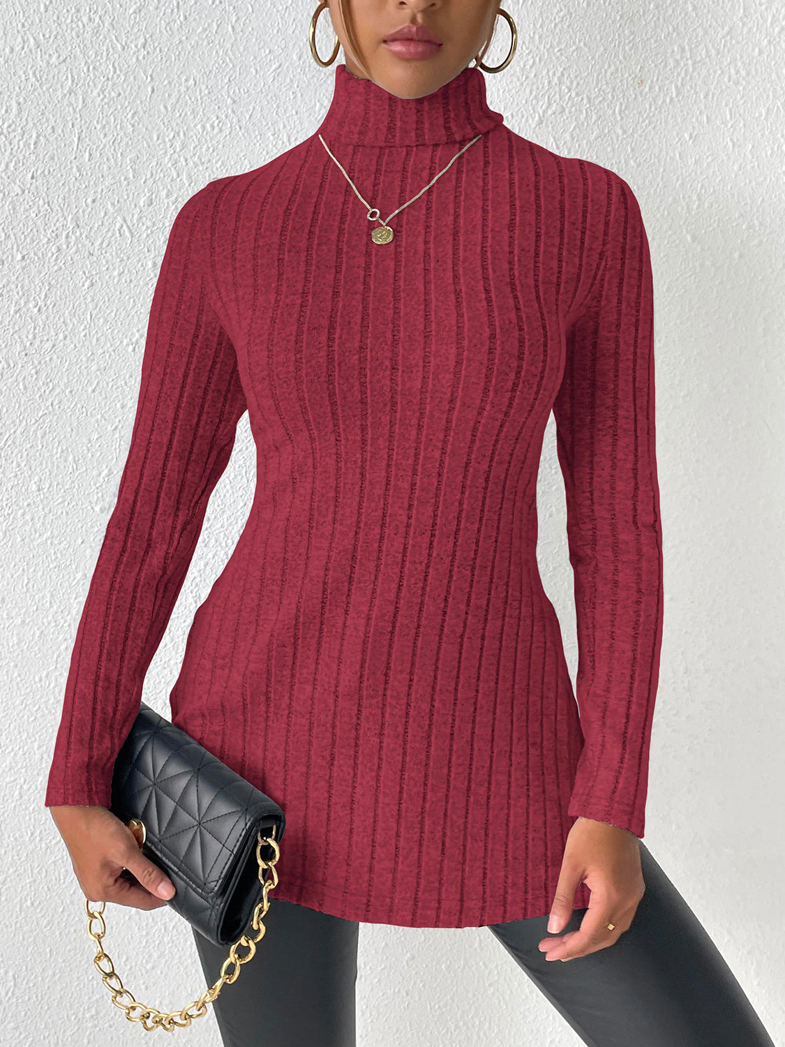 Ribbed Turtleneck Long Sleeve Slit T-Shirt-Angel Casuals