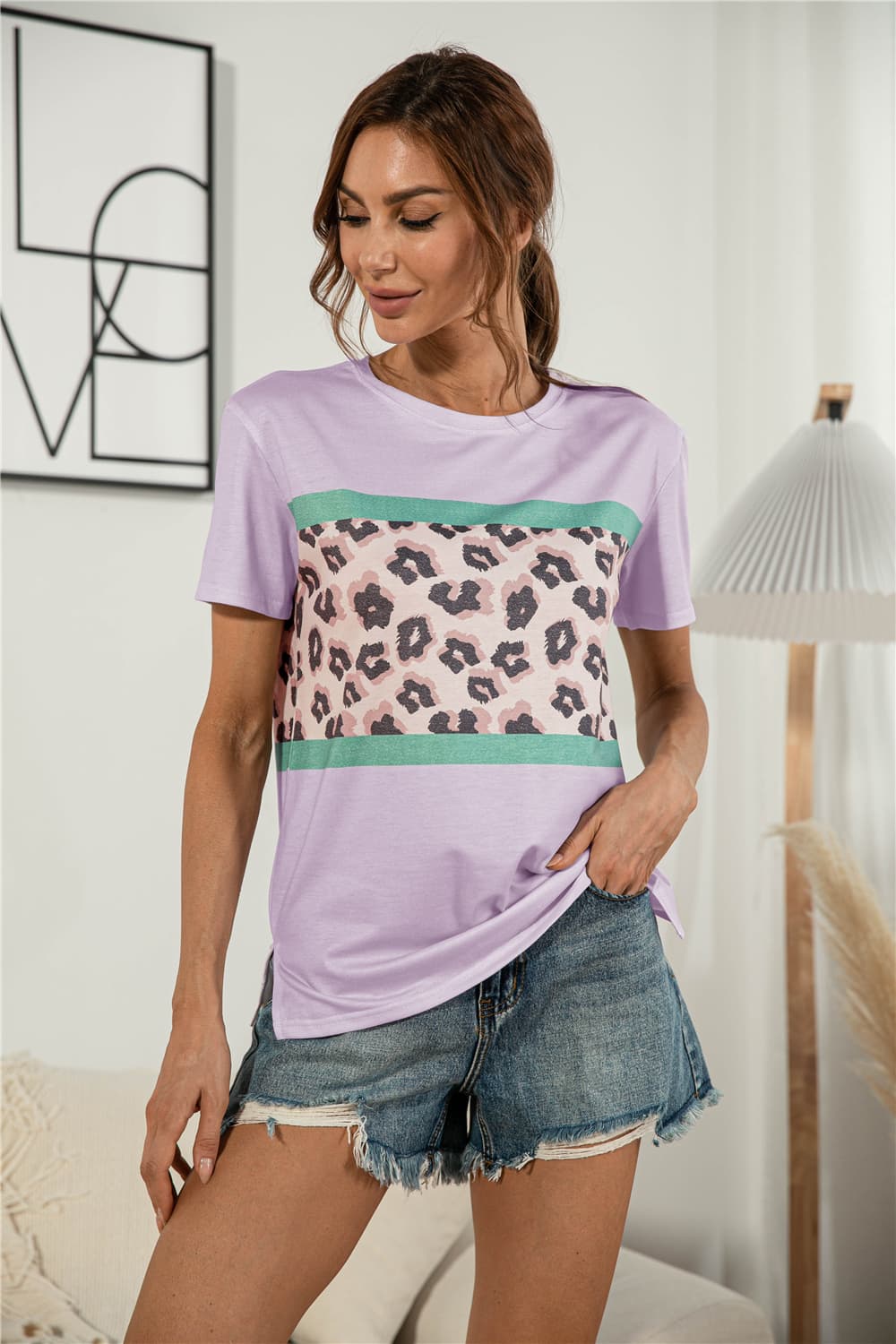 Leopard Color Block Side Slit Tee-Angel Casuals