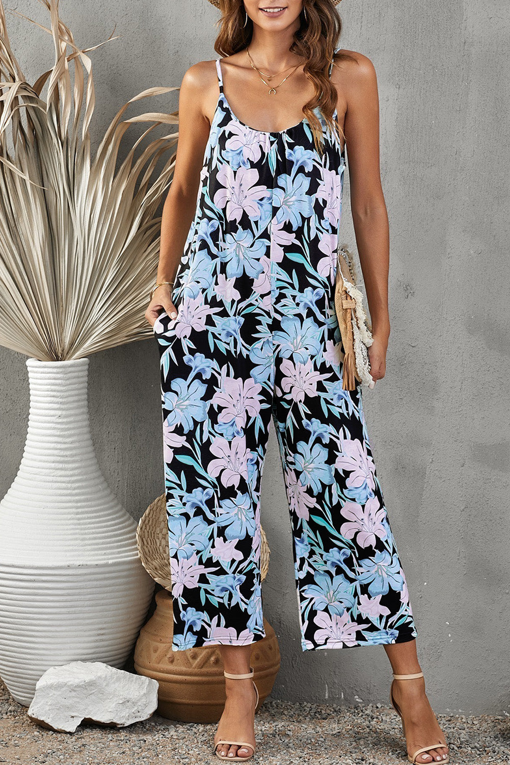 Botanical Print Spaghetti Strap Cropped Jumpsuit-Angel Casuals