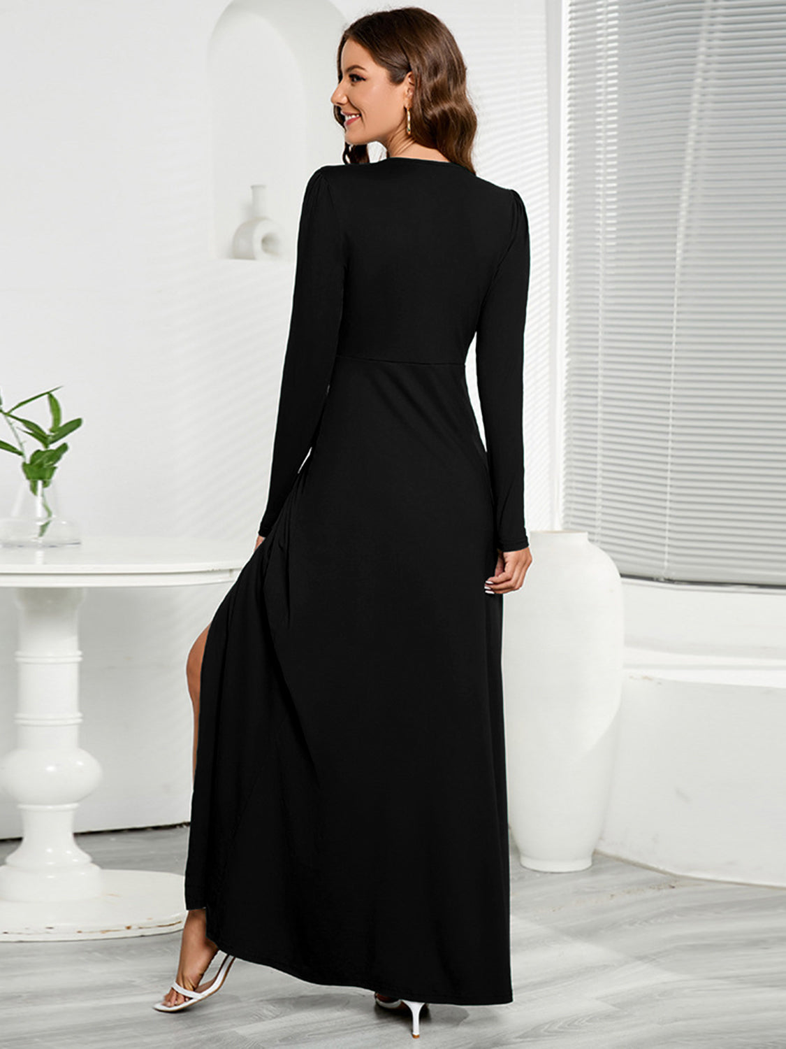 V-Neck Long Sleeve Split Dress-Angel Casuals