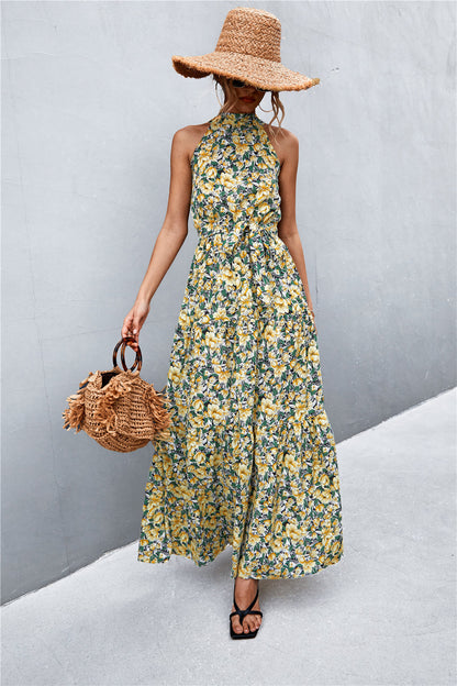 Printed Sleeveless Tie Waist Maxi Dress-Angel Casuals