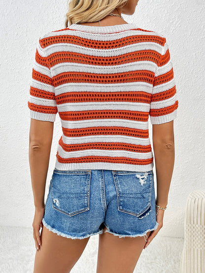 Openwork Striped Round Neck Short Sleeve Knit Top-Angel Casuals