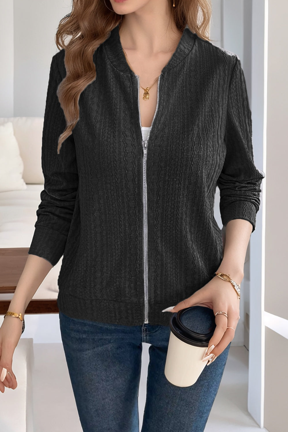 Baseball Collar Zip Up Long Sleeve Jacket-Angel Casuals