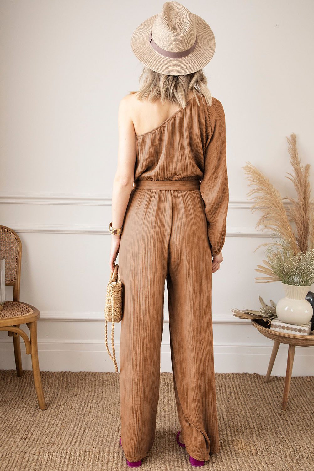 Texture Single Shoulder Tie-Waist Jumpsuit-Angel Casuals