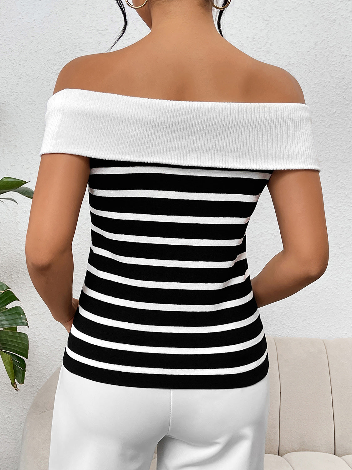 Decorative Button Striped Off-Shoulder Knit Top-Angel Casuals