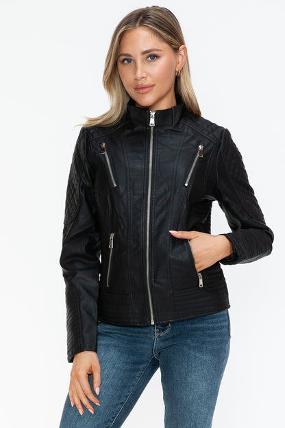 Snobbish Faux Leather Zip Up Mock Neck Jacket-Angel Casuals