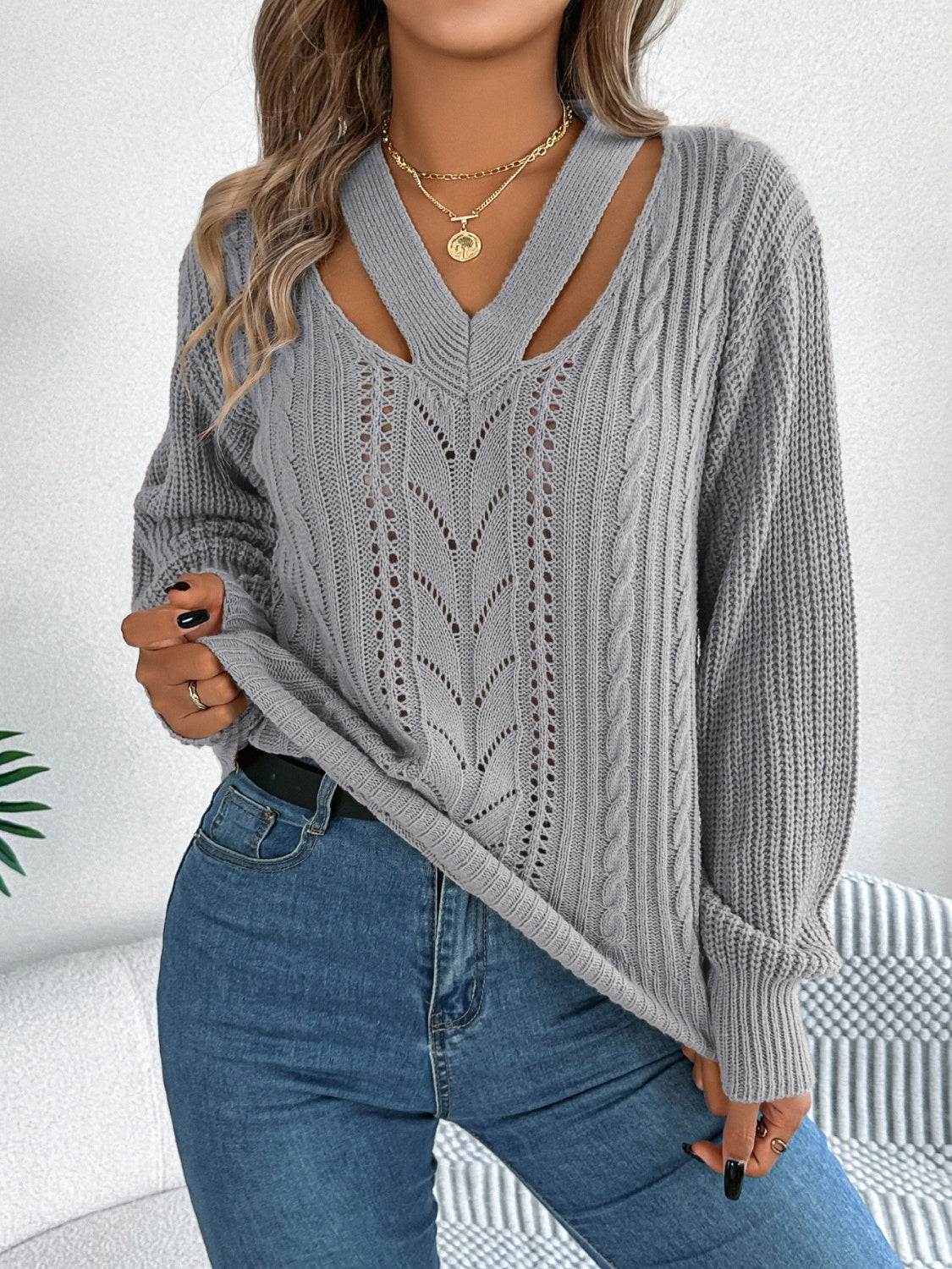 Cutout V-Neck Long Sleeve Sweater-Angel Casuals